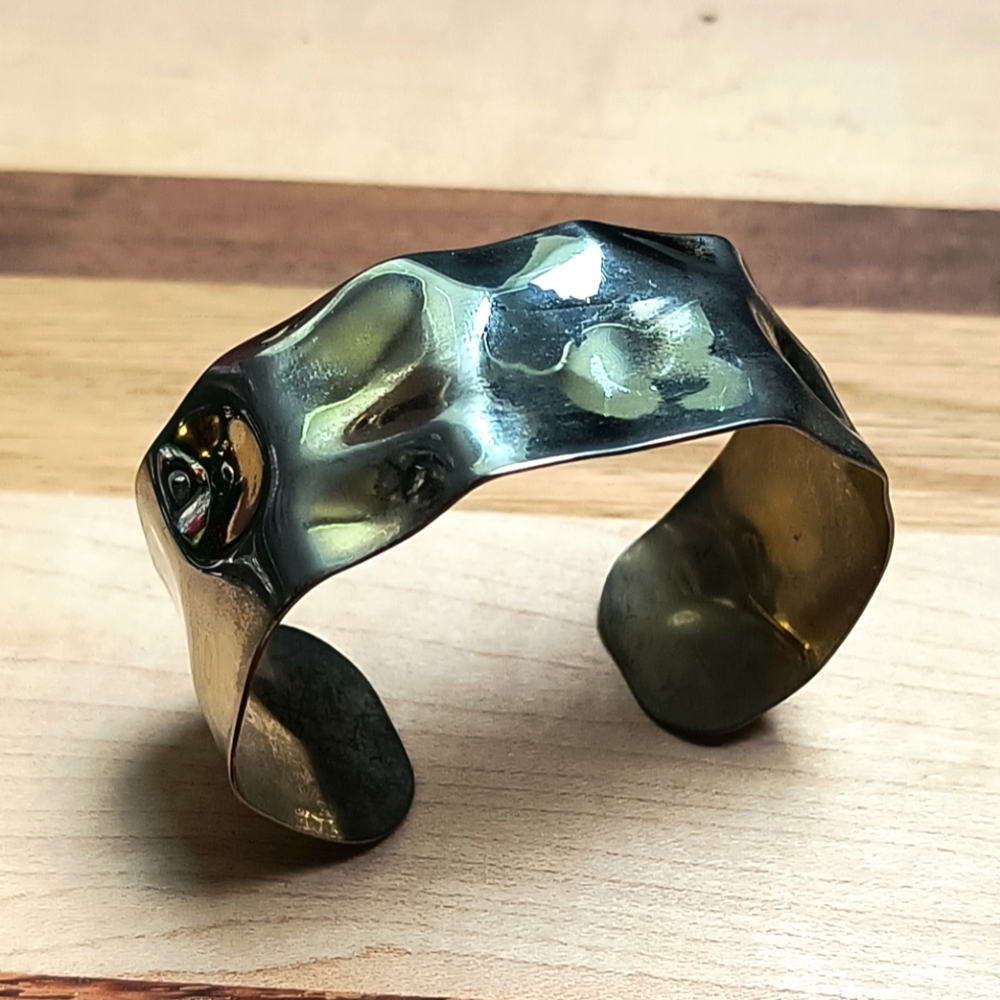 Open Cuff Bracelet Small Hammered Light Gold Tone Metal